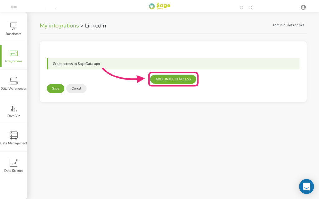 Fourth step on how to integrate SageData with LinkedIn Add LinkedIn acess to SageData