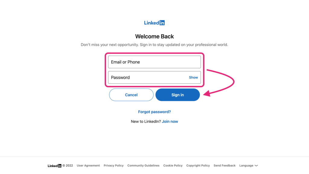 Fifth step on how to integrate SageData with LinkedIn Linkedin log in