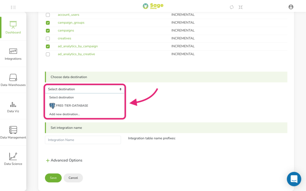 Eight step on how to integrate SageData with LinkedIn choose data destination