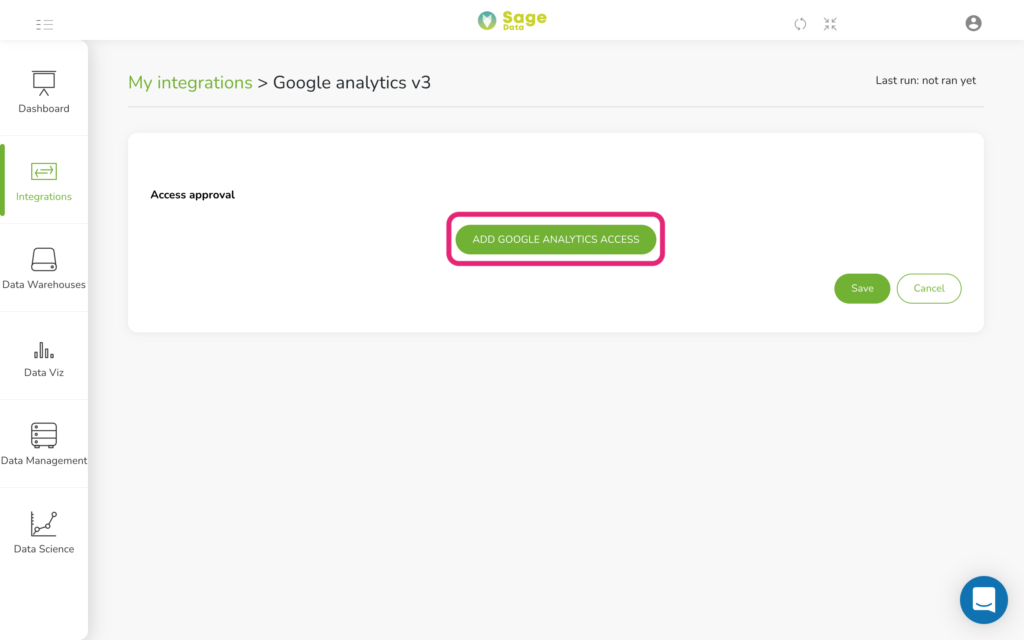 Fourth step on how to integrate Google Analytics with SageData Google Analytics integration acess with SageData