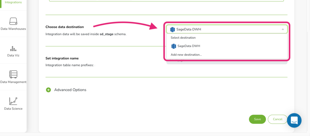 Choose Data destination for SageData Choose Data destination for SageData
