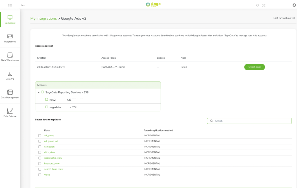 Google Ads integration with SageData